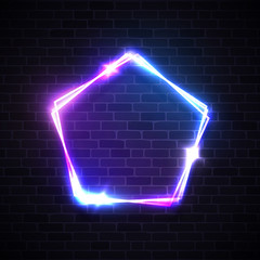 Wall Mural - neon light pentagon background with blank space for your text. glowing electric abstract frame on da