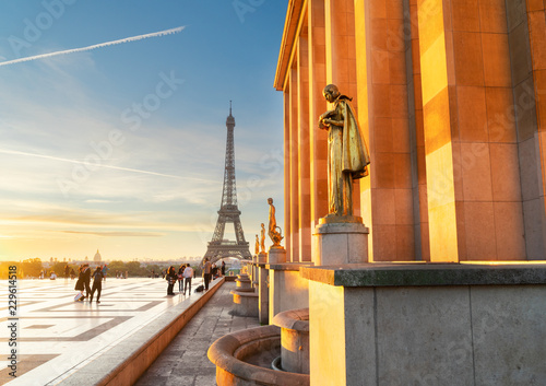 Famous Eiffel Tower From Gardens Of The Trocadero Square At