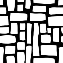 Hand Drawn Rectangle Shapes Monochrome Abstract Seamless Vector Pattern. White Blocks On Black Background. Hand Drawn Background For Fabric, Web Banner, Page Fills, Digital Paper, Wallpaper, Packaging
