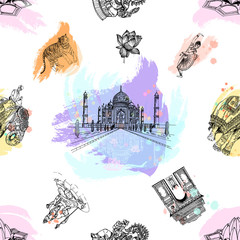 Wall Mural - Seamless pattern of hand drawn sketch style India themed objects. Vector illustration.