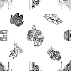 Wall Mural - Seamless pattern of hand drawn sketch style India themed objects isolated on white background. Vector illustration.