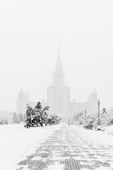 Wall Mural - Heavy snowfall in Moscow. houses and streets during blizzard