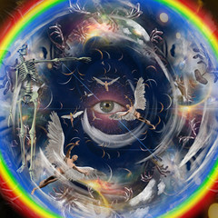 Wall Mural - spiritual composition. winged angels and skeleton. all seeing eye