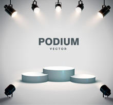 Round Podium Illuminated By Searchlights. Stock Vector Illustration.