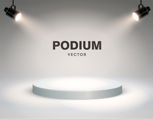 Wall Mural - round podium illuminated by searchlights. stock vector illustration.