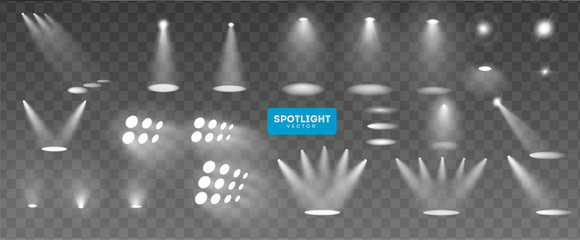 Wall Mural - scene illumination big collection, transparent effects. bright lighting with spotlights. vector illu