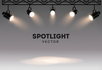 Wall Mural - spotlights with bright white light shining stage vector set. illuminated effect form projector, illu