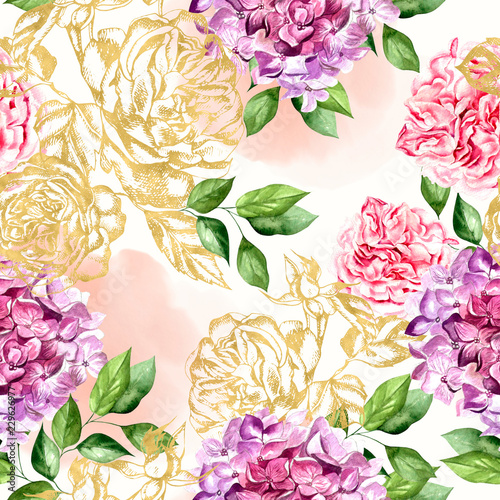 Beautiful watercolor pattern with rose flowers and  hudrangea.