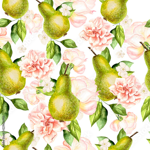Beautiful watercolor pattern with pears and flowers of roses and peonies.