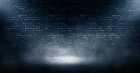 Poster - Background of empty brick wall, concrete floor, neon light, sear