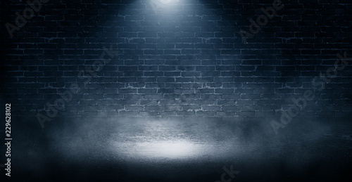 Fotomural Background of empty brick wall, concrete floor, neon light, sear