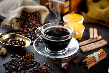 Black coffee on old background