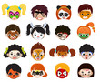 Face paint kids vector children portrait with facial painted makeup and girl boy character illustration set of animalistic facepaint cat dog and pirate for halloween party isolated on white background