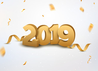 Wall Mural - New Year 2019 3d golden numbers background with confetti. 2019 holiday celebration card golden confetti on white