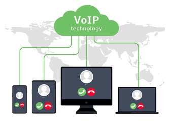 voip voice over ip illustration smartphone laptop network. voip call flat concept design