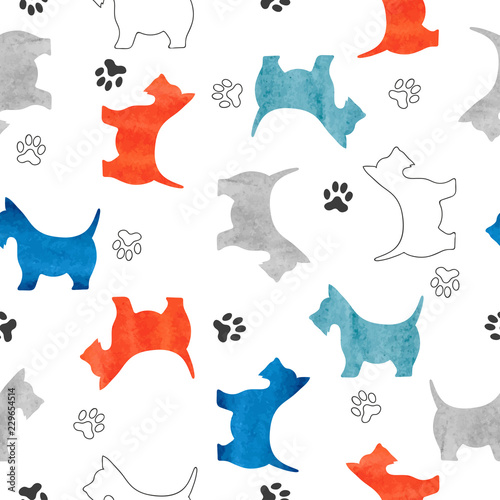 Seamless pattern with cute watercolor terrier dogs.