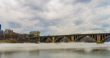 Francis Scott Key Bridge Across Potomac River, Winter Fog On The Water.