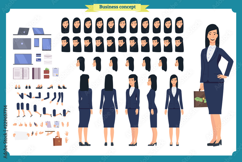 Set of Businesswoman character design.Front, side, back view animated ...