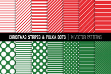 Christmas Candy Cane Stripes And Polka Dots Vector Patterns. Red Green White Xmas Theme Backgrounds. Diagonal And Horizontal Lines. Variable Size Dots. Repeating Pattern Tile Swatches Included.