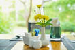 soft focus of sugar packet in rectangle ceramic bowl  and flower on table
