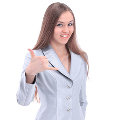 Wall Mural - smiling business woman showing thumb up. isolated on a white