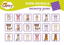 Memory Game For Preschool Children, Vector Cards With Farm Animals. Find Two Identical Picture. Kids Activity Page For Book. 