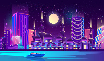 Wall Mural - Vector background with night city illuminated with neon glowing lights. Muslim culture, Arabic or Turkish urban concept. Cityscape with big mosque and minarets, modern buildings, high skyscrapers