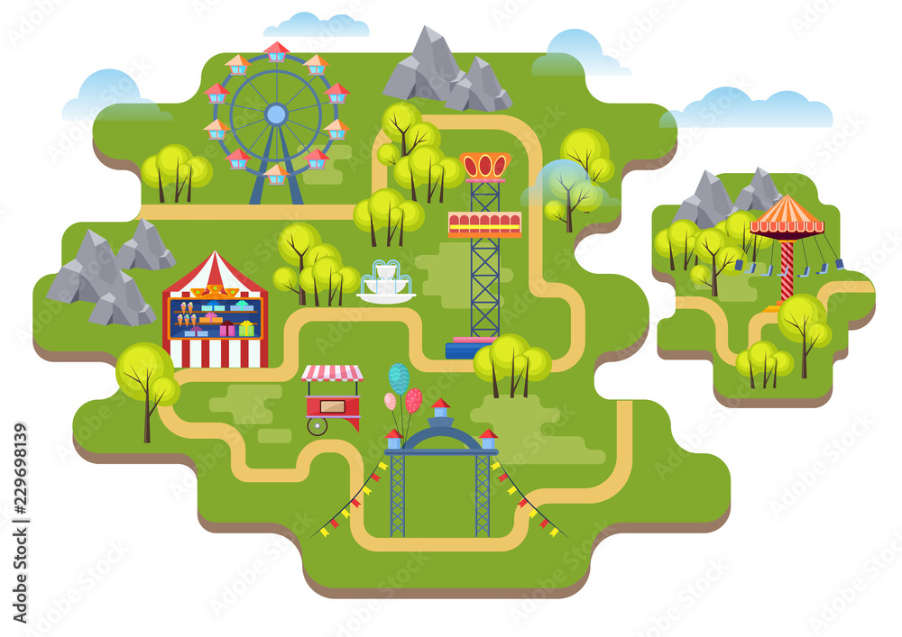 Park Map Vector Cartoon vector amusement park map background isolated. Stock Vector ...