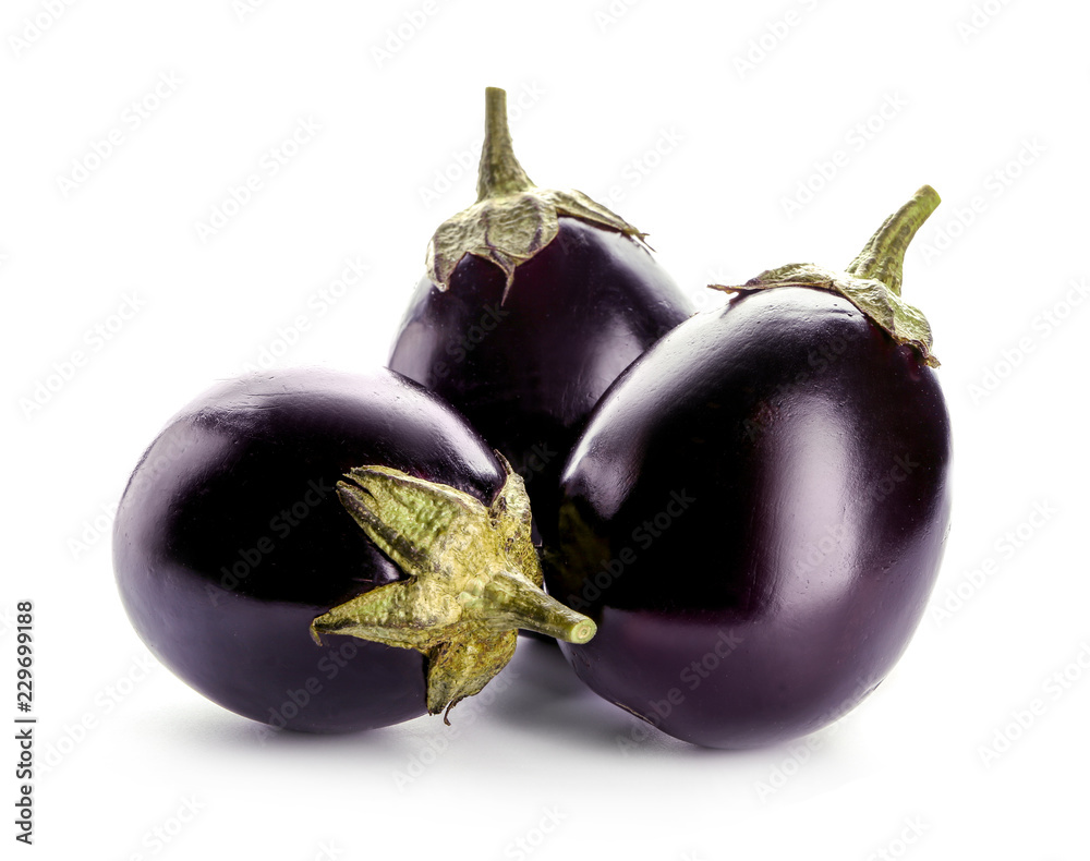 Fresh eggplants on white background