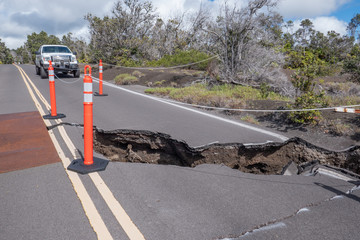 Cracks and damages on the road, following earthquakes caused by eruption of Kīlauea volcano in 2018, Volcano National Park, Hawai’i