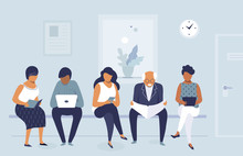 Group Of People Waiting For Job Interview In Office, Queue Of Men And Women, Flat Character Design, Vector Illustration