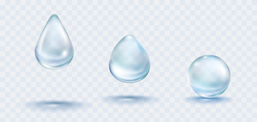 Poster - Water rain drops set isolated on transparent background.  Vector realistic pure droplets with blue clear water bubble or dew template.