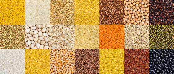 Wall Mural - Pattern of different cereals, grains, rice and beans backgrounds