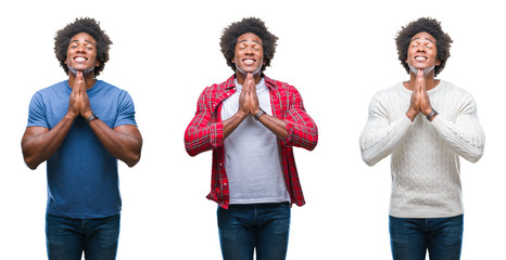 Canvas Print - Collage of african american young handsome man over isolated background praying with hands together asking for forgiveness smiling confident.