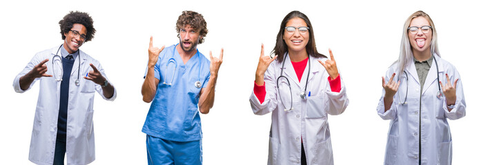 Sticker - Collage of group of doctor, nurse, surgeon people over isolated background shouting with crazy expression doing rock symbol with hands up. Music star. Heavy concept.