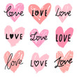 Vector hearts doodle set with word love lettering