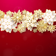 Wall Mural - vector merry christmas and happy new year greeting card with 3d white and gold layered paper cut sno