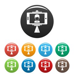 Poster - Take a photo at selfie stick icons set 9 color vector isolated on white for any design