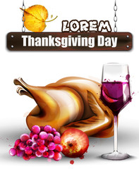 Wall Mural - Thanksgiving roasted turkey and wine Vector. Watercolor poster templates