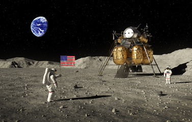 Wall Mural - astronauts set an american flag on the moon