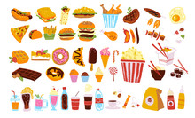 Big Vector Fast Food & Snack Set Isolated On White Background: Burger, Dessert, Pizza, Coffee, Chicken, Wok, Beef Etc. Hand Drawn Sketch Style, Chalkboard Drawing. Good For Menu, Special Offer Design.