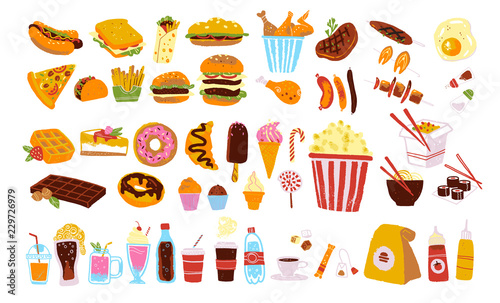 Fotografía Big vector fast food & snack set isolated on white background: burger, dessert, pizza, coffee, chicken, wok, beef etc