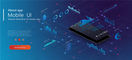 Wall Mural - 	 Online statistics and data Analytics.Digital money market, investment, finance and trading. Perfect for web design, banner and presentation. Isometric vector illustration.