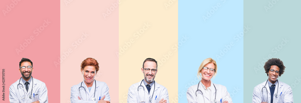 Collage of professional doctors over colorful stripes isolated background happy face smiling with crossed arms looking at the camera. Positive person. - obrazy, fototapety, plakaty 