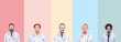 Collage of professional doctors over colorful stripes isolated background Relaxed with serious expression on face. Simple and natural looking at the camera.