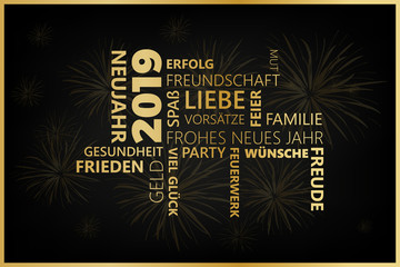 Canvas Print - Grußkrate Word-Cloud mit Feuerwerk Gold Wünsche