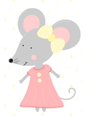  Vector illustration of a mouse girl in a pink dress and bow on a background of triangles. Concept for holidays, baby shower, birthday, wrappers, print, clothes, cards, banner, textile, flyer.