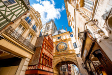 Street View With Famous Great Clock Astronomical Clock In Rouen, The Capital Of Normandy Region In France