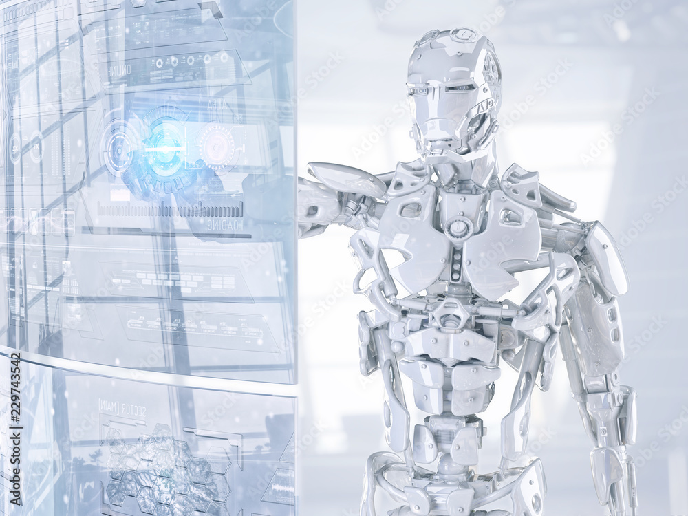 Robot cyborg android touching sensitive HUD sci fi display with ...