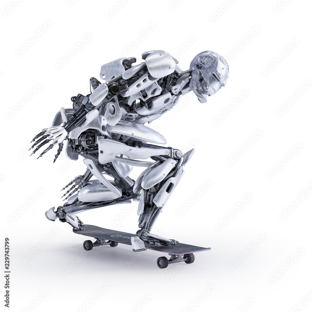 A robot skateboarder skateboarding, isolated on white. Active life ...